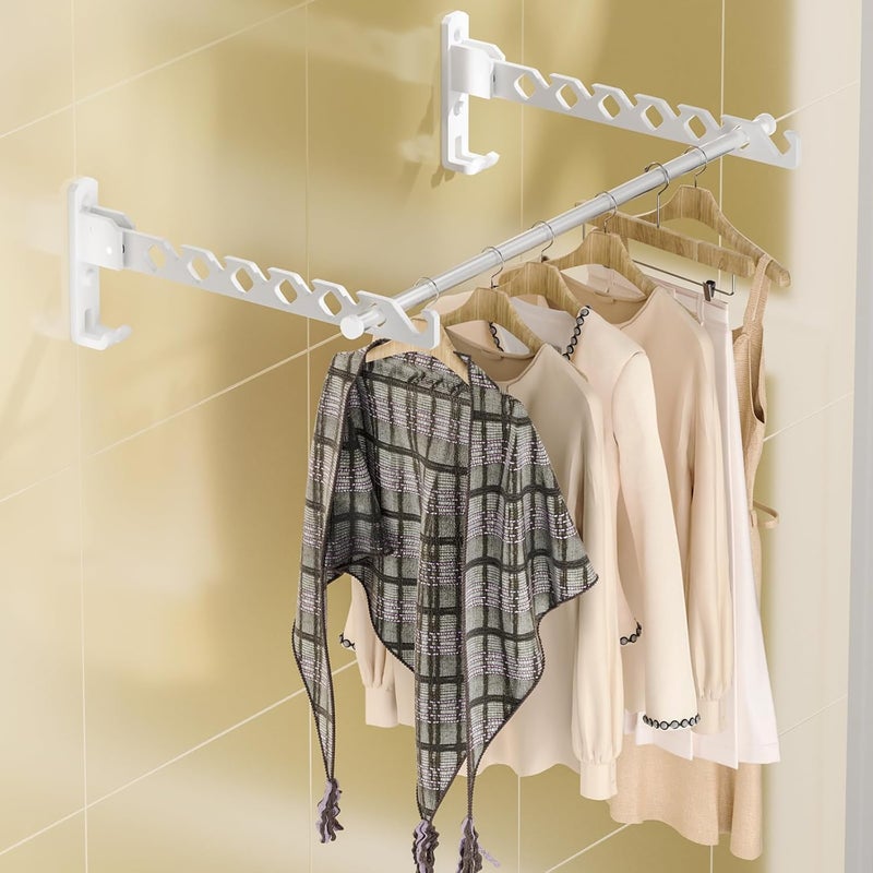 Dr.DJ Wall Mount Coat Hanger Holder White Clothes Drying Organizer Rack Garment Hooks Aluminium Retractable Folding Indoor Wall Mounted Hanger for Laundry Room Bedroom White 2Pack with 80cm Rod - Image 1